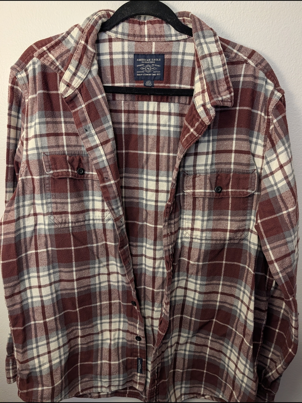American Eagle Outfitters Men's Red and White Plaid Button-Down Shirt